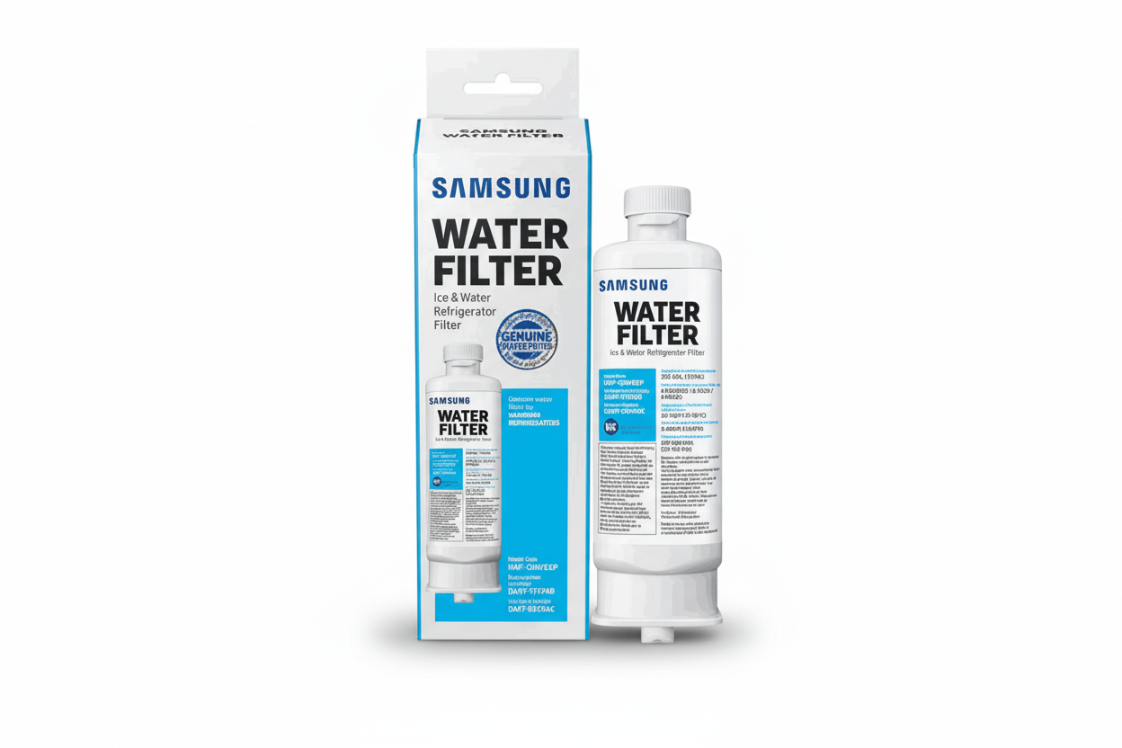 1 Pack Samsung Refrigerator Water Filter with package in white background