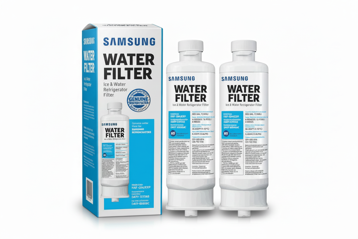 2 pack Samsung Refrigerator RF28R6301SR AA Water Filters with package in white background 