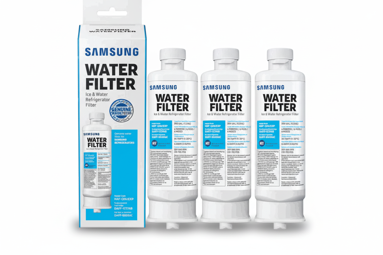 3 Pack Samsung Refrigerator RF28R6301SR AA Water Filters with package in white background