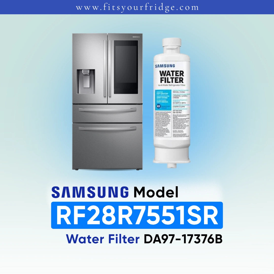 Samsung water filter replacement part for a French door refrigerator, shown next to the refrigerator graphic on a light blue gradient background with text reading 'SAMSUNG Refrigerator RF28R7551SR Water Filter DA97-17376B'.