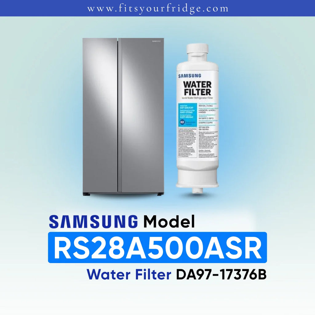 Samsung water filter cartridge shown next to a stainless steel side-by-side refrigerator on a light blue gradient background, with text reading 'SAMSUNG Model RS28A500ASR Water Filter DA97-17376B' and 'www.fitsyourfridge.