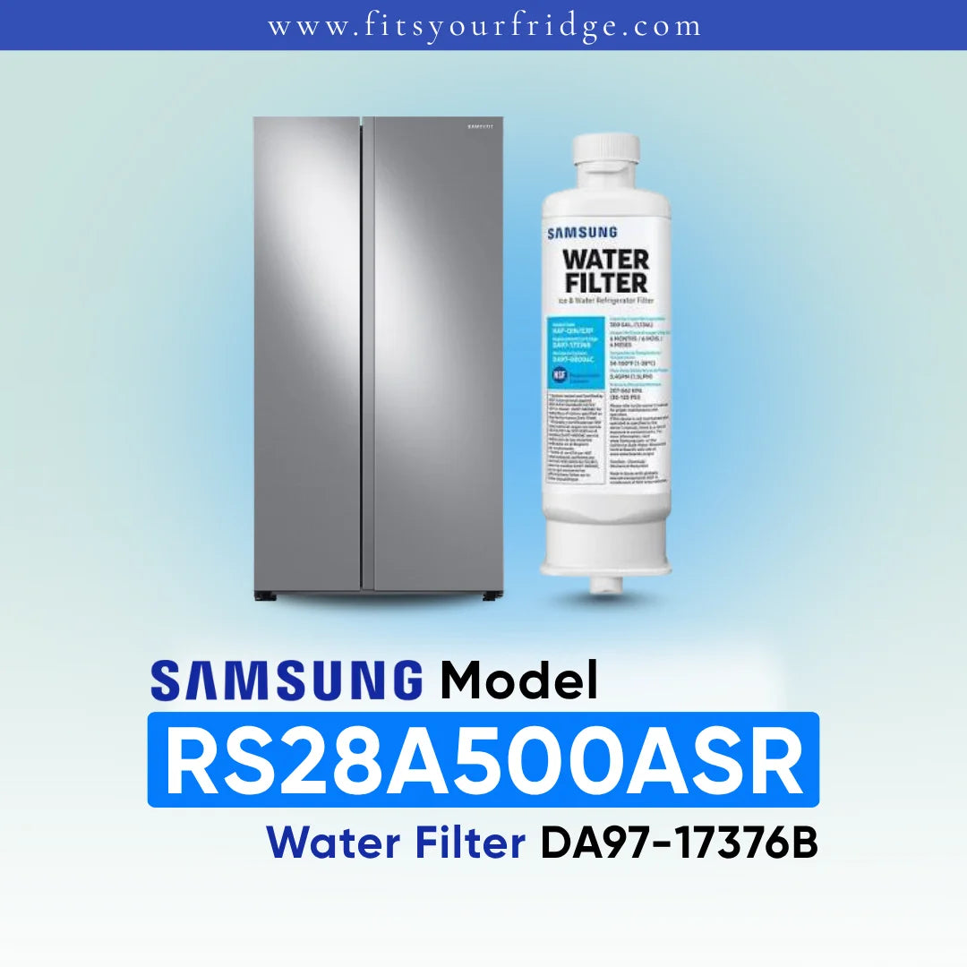 Samsung water filter cartridge shown next to a stainless steel side-by-side refrigerator on a light blue gradient background, with text reading 'SAMSUNG Model RS28A500ASR Water Filter DA97-17376B' and 'www.fitsyourfridge.