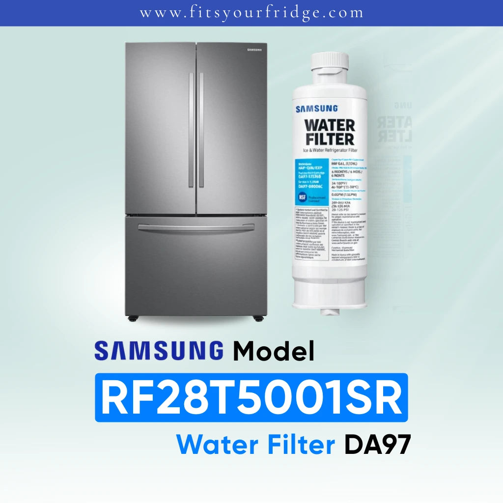 The Samsung refrigerator model RF28T5001SR water filter is compatible with the Samsung DA97 water filter shown beside a stainless steel French door refrigerator; this is a compatibility image for a replacement refrigerator water filter.