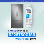 The Samsung refrigerator model RF28T5001SR water filter is compatible with the Samsung DA97 water filter shown beside a stainless steel French door refrigerator; this is a compatibility image for a replacement refrigerator water filter.