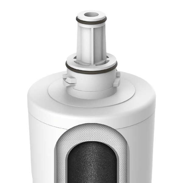 Close-up of a white cylindrical object with a central component on a transparent background