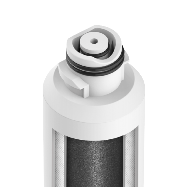 Close-up of a cylindrical filter with a white top and black interior on a transparent background