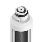 Close-up of a cylindrical filter with a white top and black interior on a transparent background