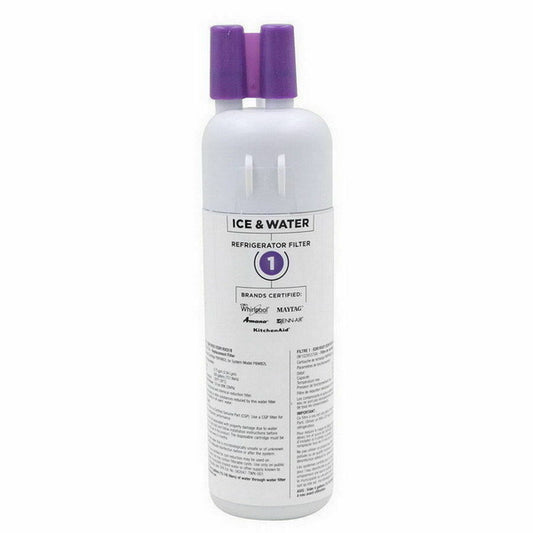 White refrigerator water filter with purple top on a white background