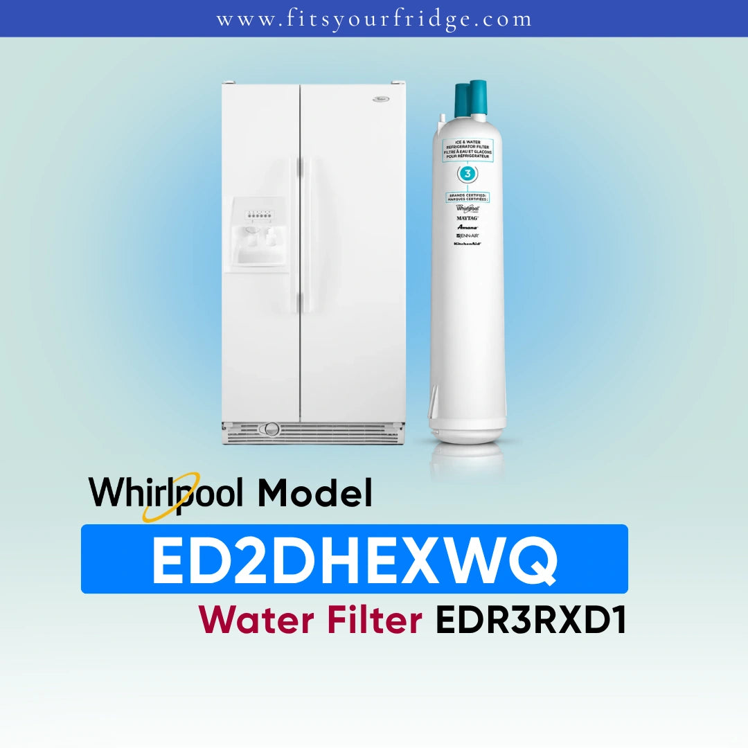 A replacement water filter canister shown next to a white Whirlpool side-by-side refrigerator on a light blue gradient background, with text reading 'Whirlpool Model ED2DHEXWQ Water Filter EDR3RXD1' and the website 'www.fitsyourfridge '.