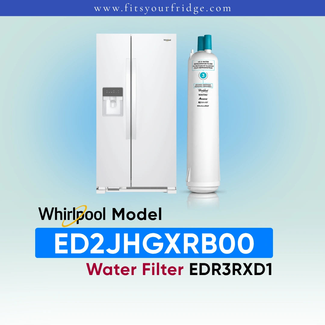 A replacement water filter canister shown next to a white Whirlpool side-by-side refrigerator on a light blue gradient background, with text reading 'Whirlpool Model ED2JHGXRB00 Water Filter EDR3RXD1' and the website 'www.fitsyourfridge '.