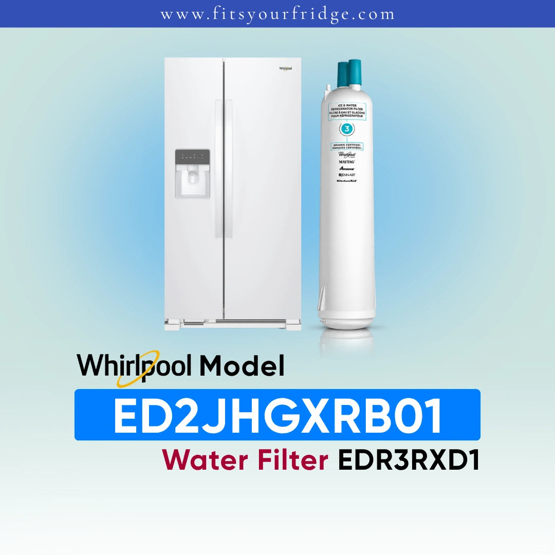 A white Whirlpool side-by-side refrigerator shown next to a white water filter canister with a blue cap, on a light blue gradient background with text reading 'Whirlpool Model ED2JHGXRB01 Water Filter EDR3RXD1' and 'www.fitsyourfridge.