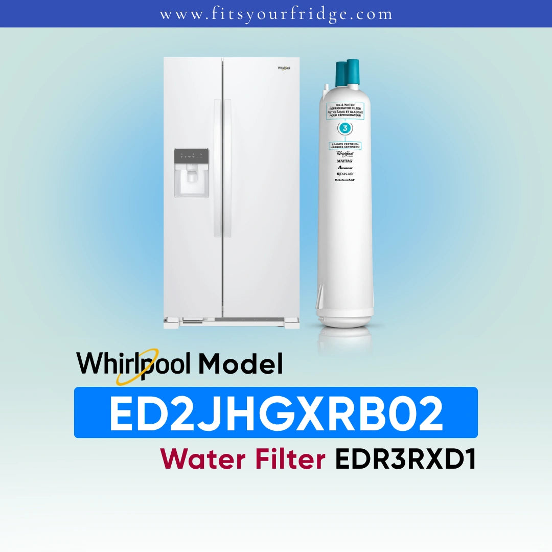A replacement water filter canister shown next to a white Whirlpool side-by-side refrigerator on a light blue gradient background, with text reading 'Whirlpool Model ED2JHGXRB02 Water Filter EDR3RXD1' and the website 'www.fitsyourfridge '.