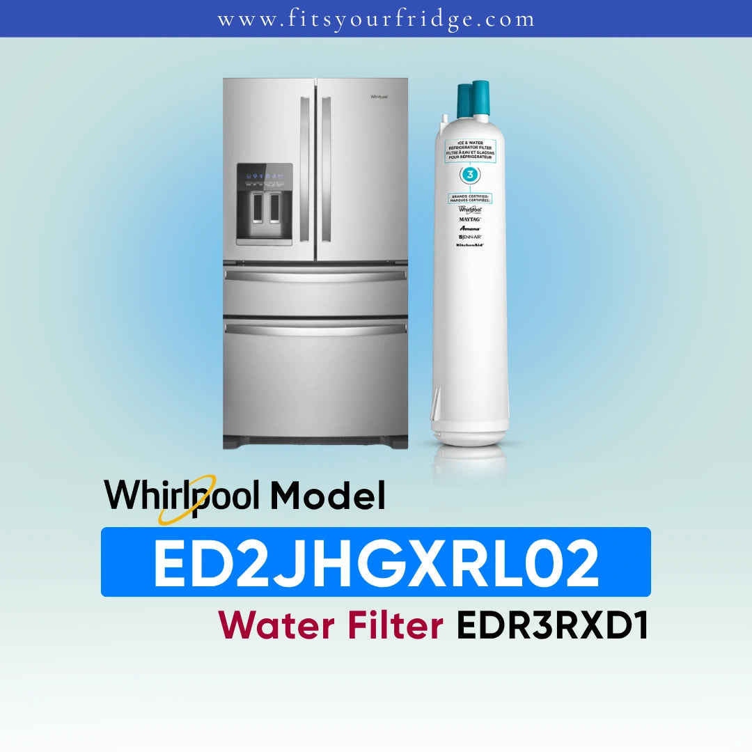 A replacement water filter canister shown next to a white Whirlpool side-by-side refrigerator on a light blue gradient background, with text reading 'Whirlpool Model ED2JHGXRL02 Water Filter EDR3RXD1' and the website 'www.fitsyourfridge '.