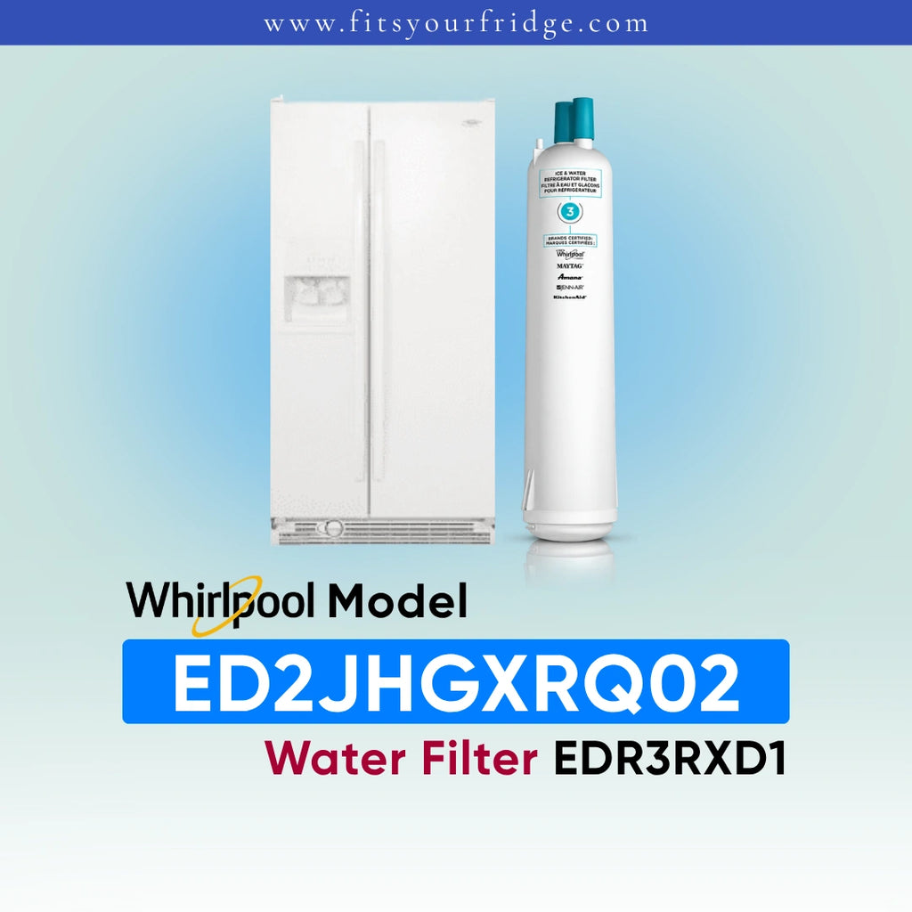 A white Whirlpool water filter canister shown next to a white refrigerator on a light blue gradient background, with text reading 'Whirlpool Model ED2JHGXRQ01 Water Filter EDR3RXD1' and the website 'www.fitsyourfridge.