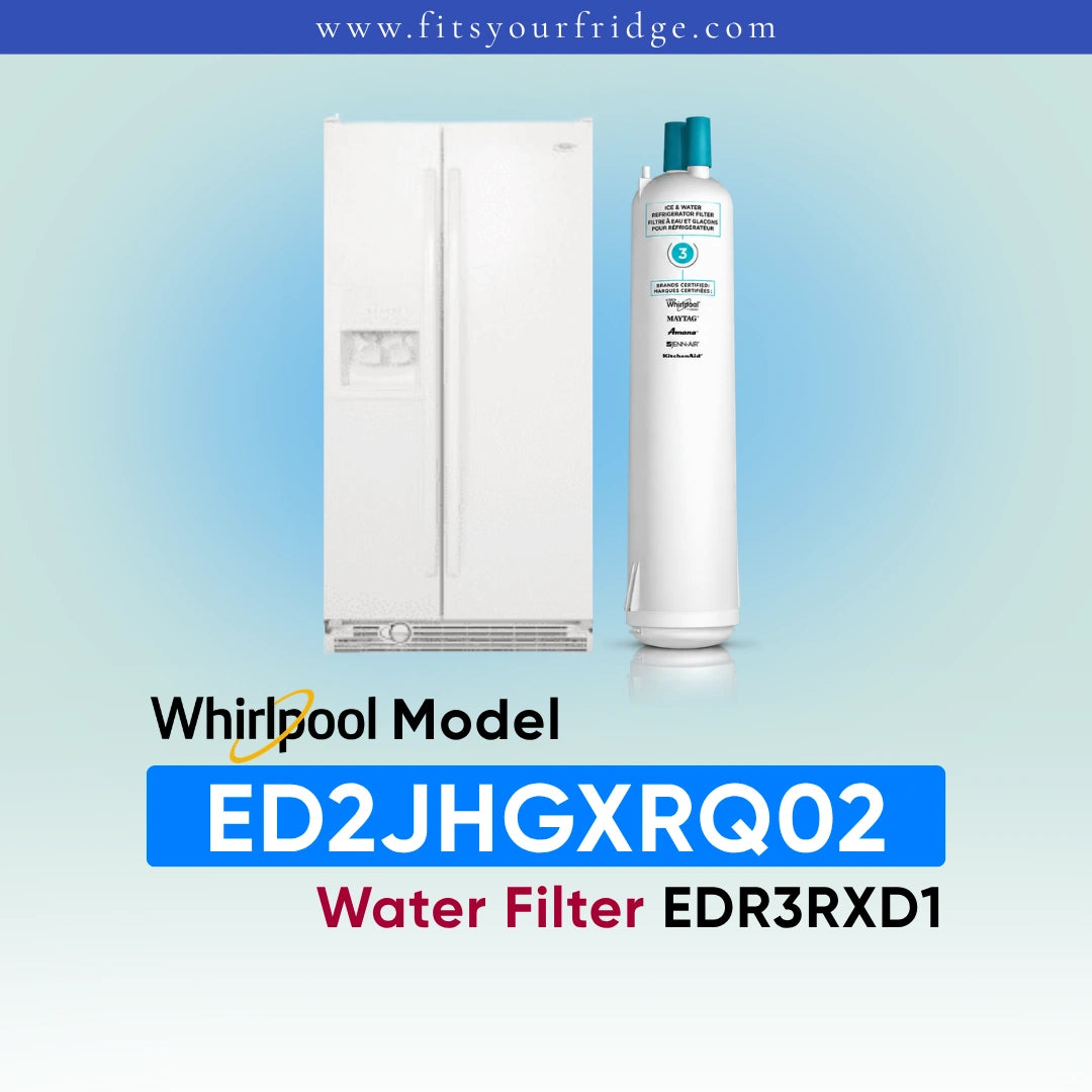 A white Whirlpool water filter canister shown next to a white refrigerator on a light blue gradient background, with text reading 'Whirlpool Model ED2JHGXRQ01 Water Filter EDR3RXD1' and the website 'www.fitsyourfridge.