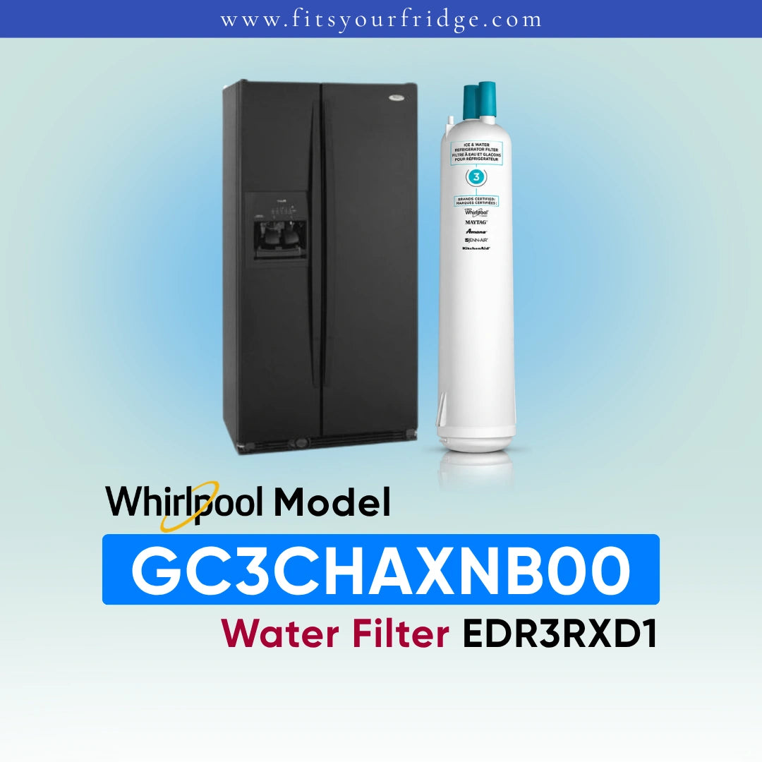 A white Whirlpool water filter canister shown next to a white refrigerator on a light blue gradient background, with text reading 'Whirlpool Model GC3CHAXNB00 Water Filter EDR3RXD1' and the website 'www.fitsyourfridge.