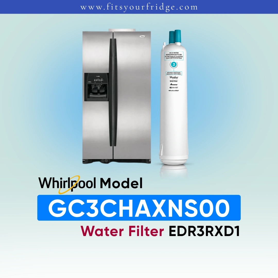 A white Whirlpool water filter canister shown next to a white refrigerator on a light blue gradient background, with text reading 'Whirlpool Model GC3CHAXNS00 Water Filter EDR3RXD1' and the website 'www.fitsyourfridge.