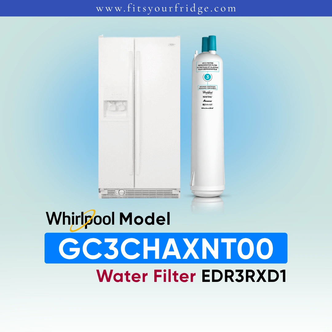 A white Whirlpool water filter canister shown next to a white refrigerator on a light blue gradient background, with text reading 'Whirlpool Model GC3CHAXNT00 Water Filter EDR3RXD1' and the website 'www.fitsyourfridge.