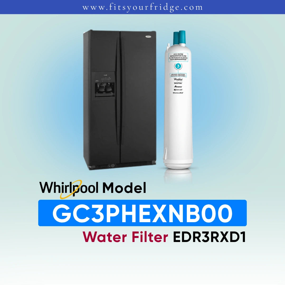 A white Whirlpool water filter canister shown next to a white refrigerator on a light blue gradient background, with text reading 'Whirlpool Model GC3PHEXNB00 Water Filter EDR3RXD1' and the website 'www.fitsyourfridge.
