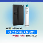 A Whirlpool water filter cartridge shown next to a black side-by-side refrigerator on a light blue gradient background, with text reading 'Whirlpool Model GC3PHEXNB01 Water Filter EDR3RXD1' and the website 'www.fitsyourfridge.