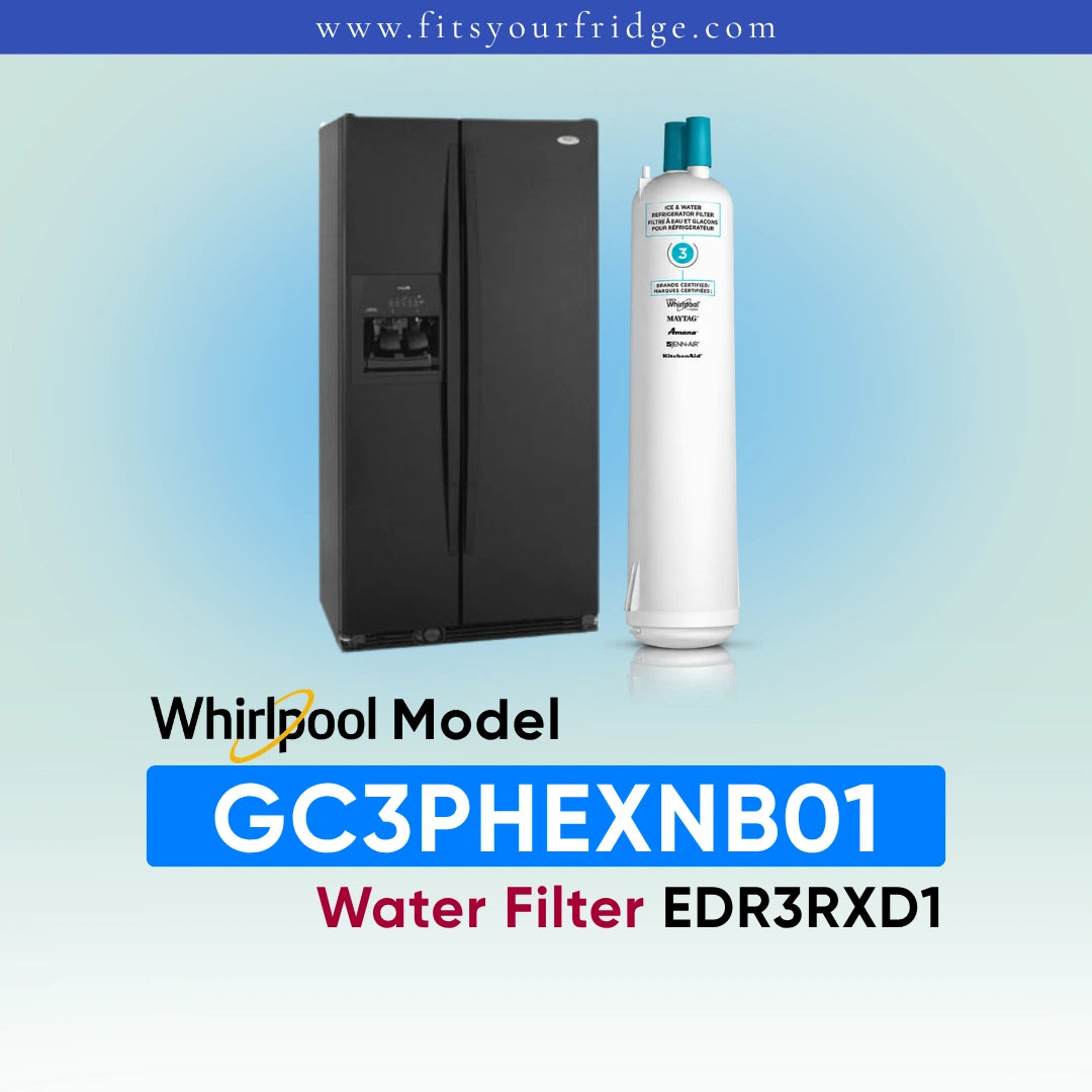 A Whirlpool water filter cartridge shown next to a black side-by-side refrigerator on a light blue gradient background, with text reading 'Whirlpool Model GC3PHEXNB01 Water Filter EDR3RXD1' and the website 'www.fitsyourfridge.