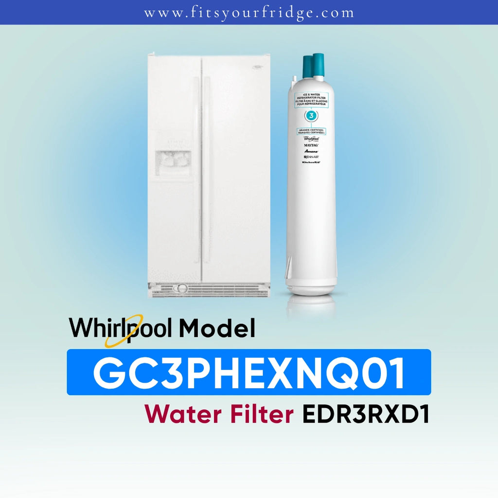 A Whirlpool water filter cartridge shown next to a white side-by-side refrigerator on a light blue gradient background, with text reading 'Whirlpool Model GC3PHEXNQ01 Water Filter EDR3RXD1' and the website 'www.fitsyourfridge.