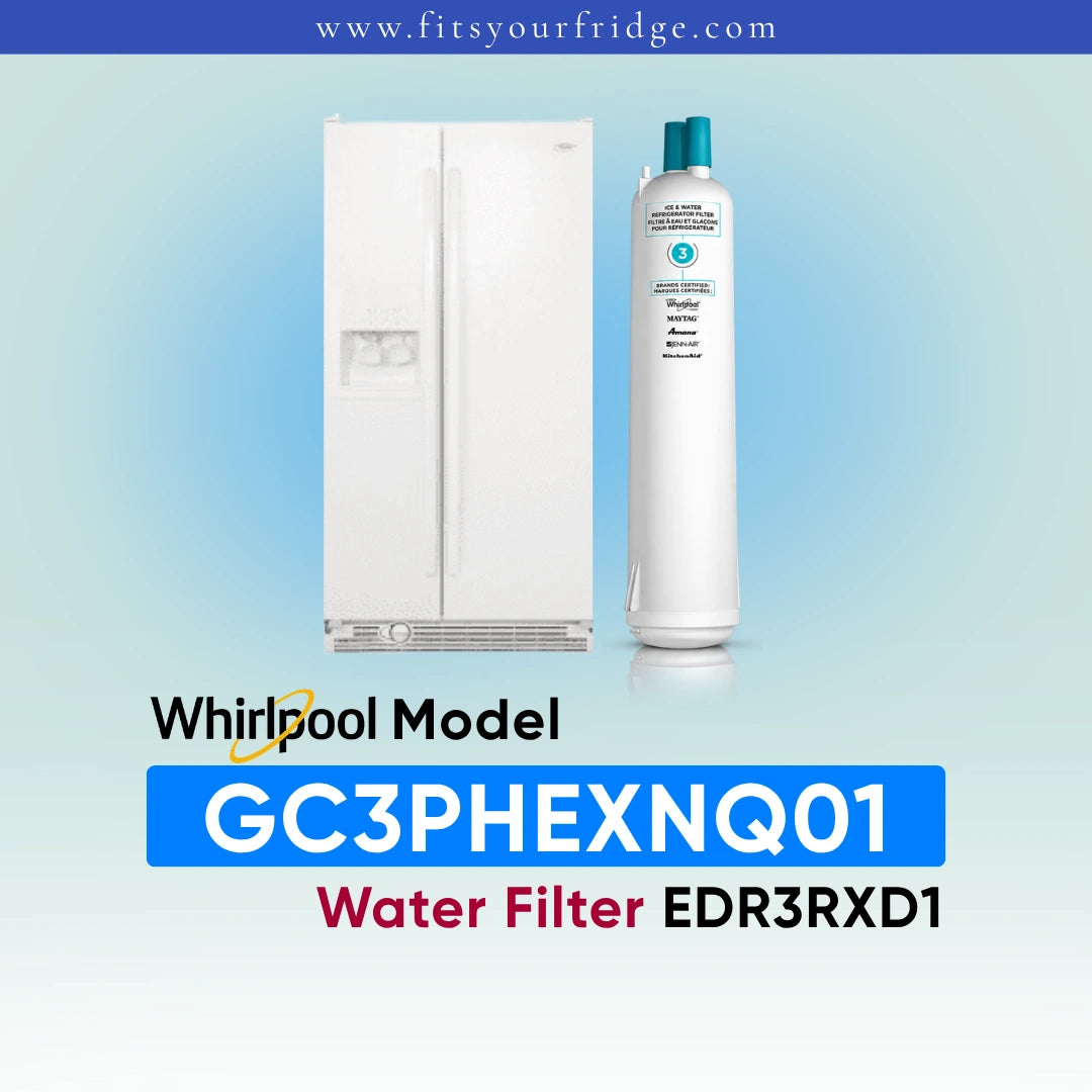 A Whirlpool water filter cartridge shown next to a white side-by-side refrigerator on a light blue gradient background, with text reading 'Whirlpool Model GC3PHEXNQ01 Water Filter EDR3RXD1' and the website 'www.fitsyourfridge.