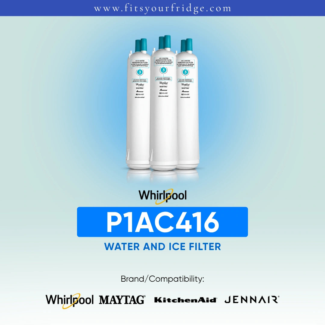 Three white Whirlpool water and ice filter bottles with blue caps are shown on a light blue gradient background with the text 'Whirlpool P1AC416 WATER AND ICE FILTER' and compatibility logos for Whirlpool, Maytag, KitchenAid, and Jennair.