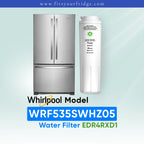 Whirlpool Model WRF535SWHZ05 Water Filter refrigerator with a compatible EveryDrop Filter 4 EDR4RXD1 water filter shown beside a stainless steel French door refrigerator, compatibility image for a replacement refrigerator water filter.