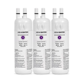 Three white refrigerator water filter cartridges with labels on a white background