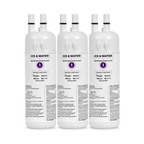 Three white refrigerator water filter cartridges with labels on a white background