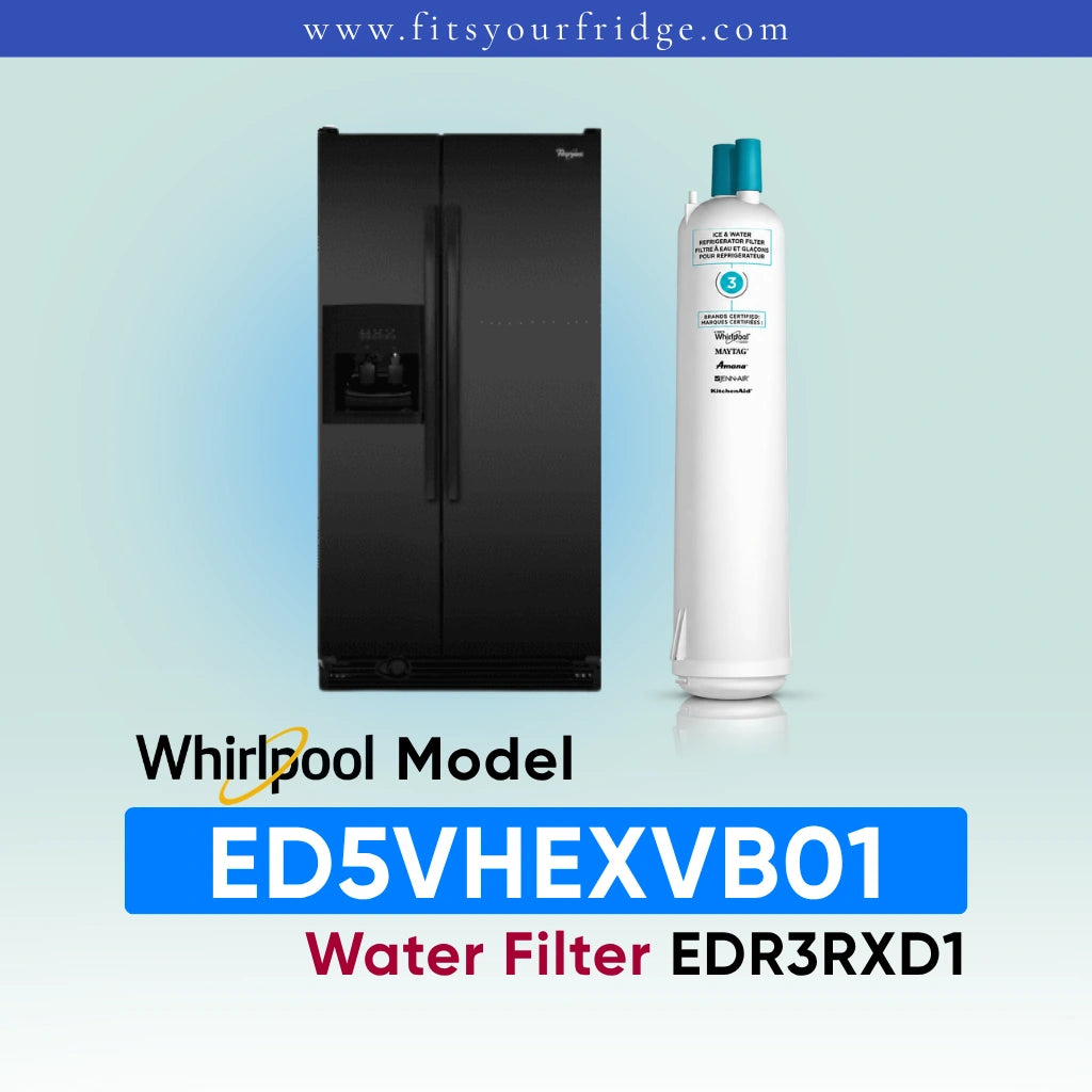 A replacement water filter canister shown next to a white Whirlpool side-by-side refrigerator on a light blue gradient background, with text reading 'Whirlpool Model ED5VHEXVB01 Water Filter EDR3RXD1' and the website 'www.fitsyourfridge '.