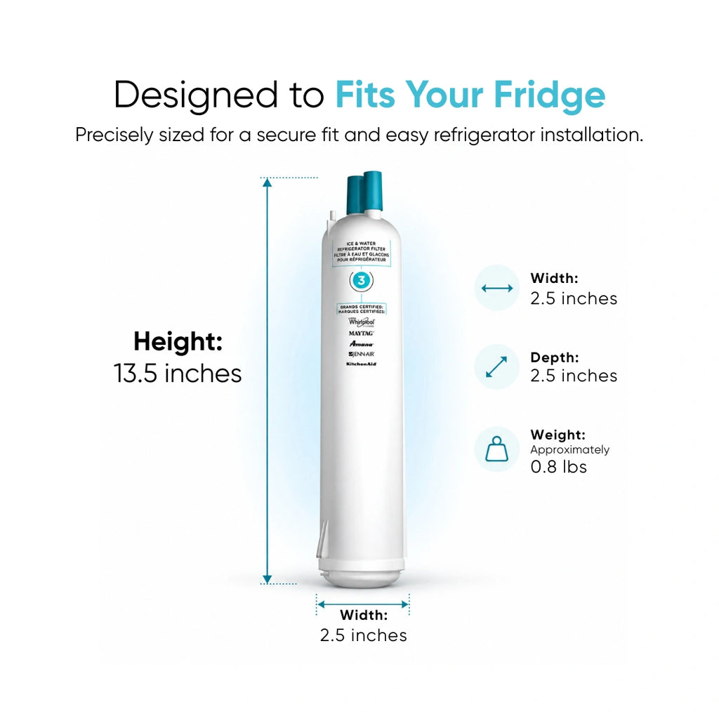 EveryDrop Filter 3 EDR3RXD measures 13.5 inches high, 2.5 inches wide, and 2.5 inches deep for a secure refrigerator fit.
