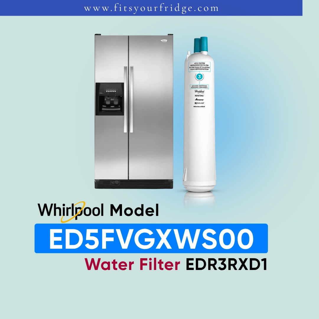 Whirlpool stainless steel side-by-side refrigerator shown next to a white water filter canister on a light blue gradient background, with text reading 'Whirlpool Model ED5FVGXWS00 Water Filter EDR3RXD1' and 'www.fitsyourfridge.