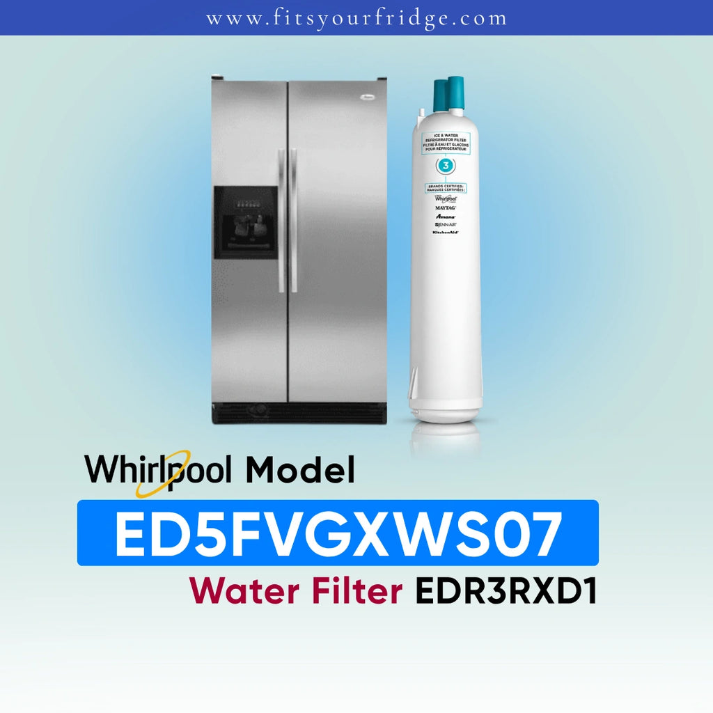 A stainless steel Whirlpool side-by-side refrigerator shown next to a white water filter canister on a light blue gradient background, with text reading 'Whirlpool Model ED5FVGXWS07 Water Filter EDR3RXD1' and the website 'www.fitsyourfridge.