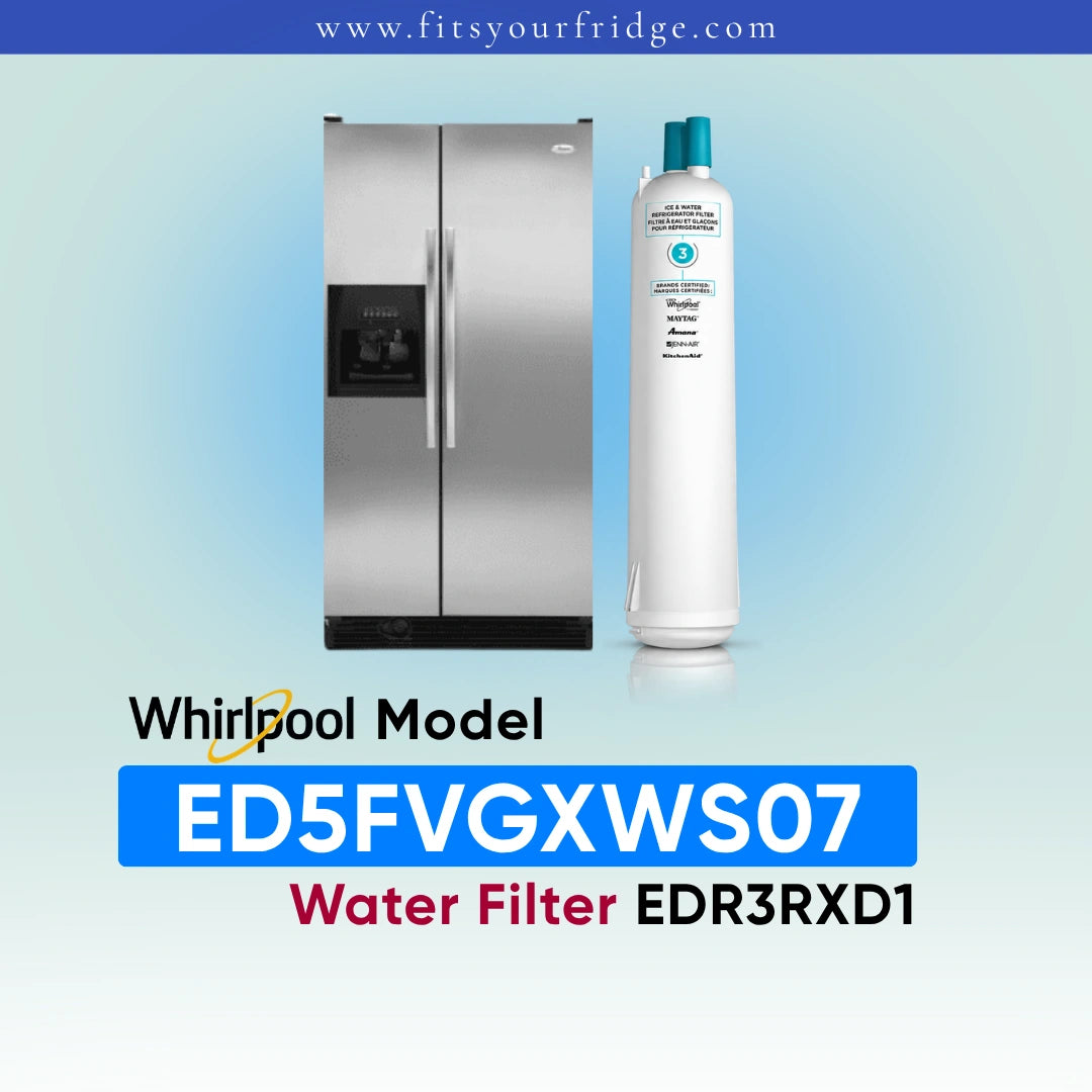 A stainless steel Whirlpool side-by-side refrigerator shown next to a white water filter canister on a light blue gradient background, with text reading 'Whirlpool Model ED5FVGXWS07 Water Filter EDR3RXD1' and the website 'www.fitsyourfridge.
