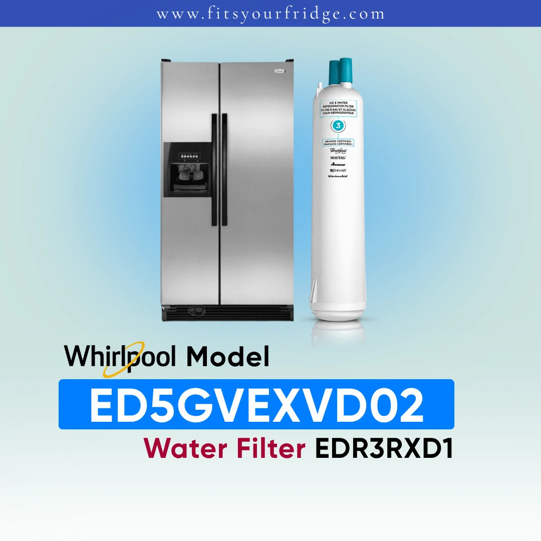 A stainless steel Whirlpool side-by-side refrigerator shown next to a white water filter canister on a light blue gradient background, with text reading 'Whirlpool Model ED5GVEXVD02 Water Filter EDR3RXD1' and the website 'www.fitsyourfridge.