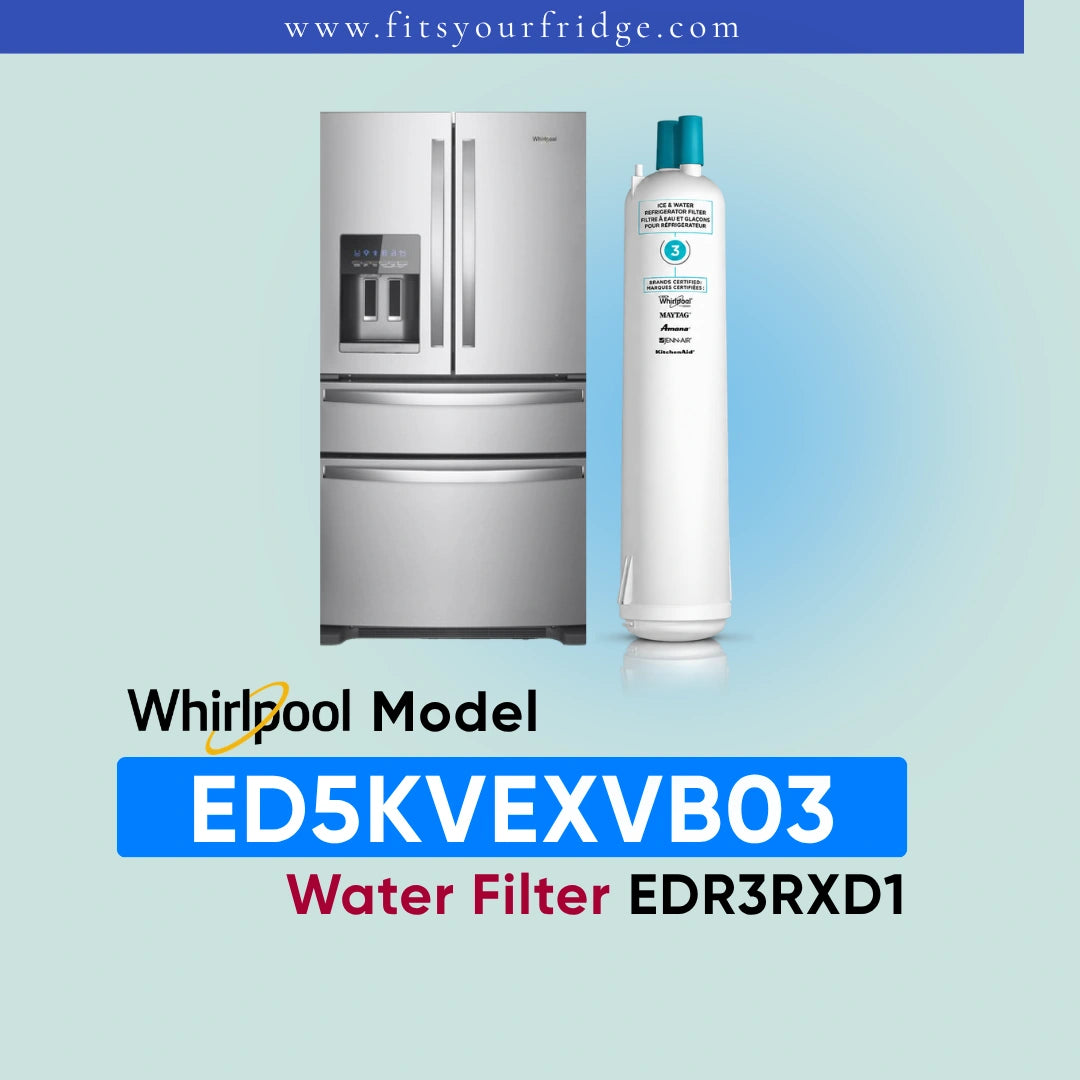 A replacement water filter canister shown next to a stainless steel refrigerator on a pale blue gradient background, with text reading 'Whirlpool Model ED5KVEXVB03 Water Filter EDR3RXD1' and 'www.fitsyourfridge.