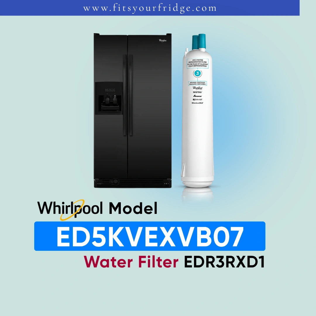 A refrigerator and a white cylindrical water filter canister are shown on a pale blue gradient background with text reading 'Whirlpool Model ED5VHEXVB06 Water Filter EDR3RXD1' and 'www.fitsyourfridge.