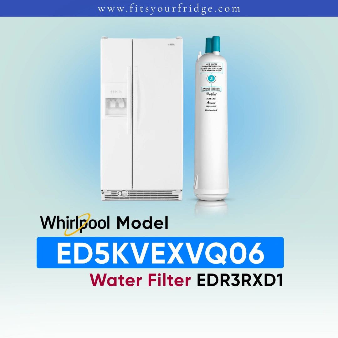 A replacement water filter cartridge shown next to a white refrigerator on a light blue gradient background, with text reading 'Whirlpool Model ED5KVEXVQ06 Water Filter EDR3RXD1' and the website 'www.fitsyourfridge.
