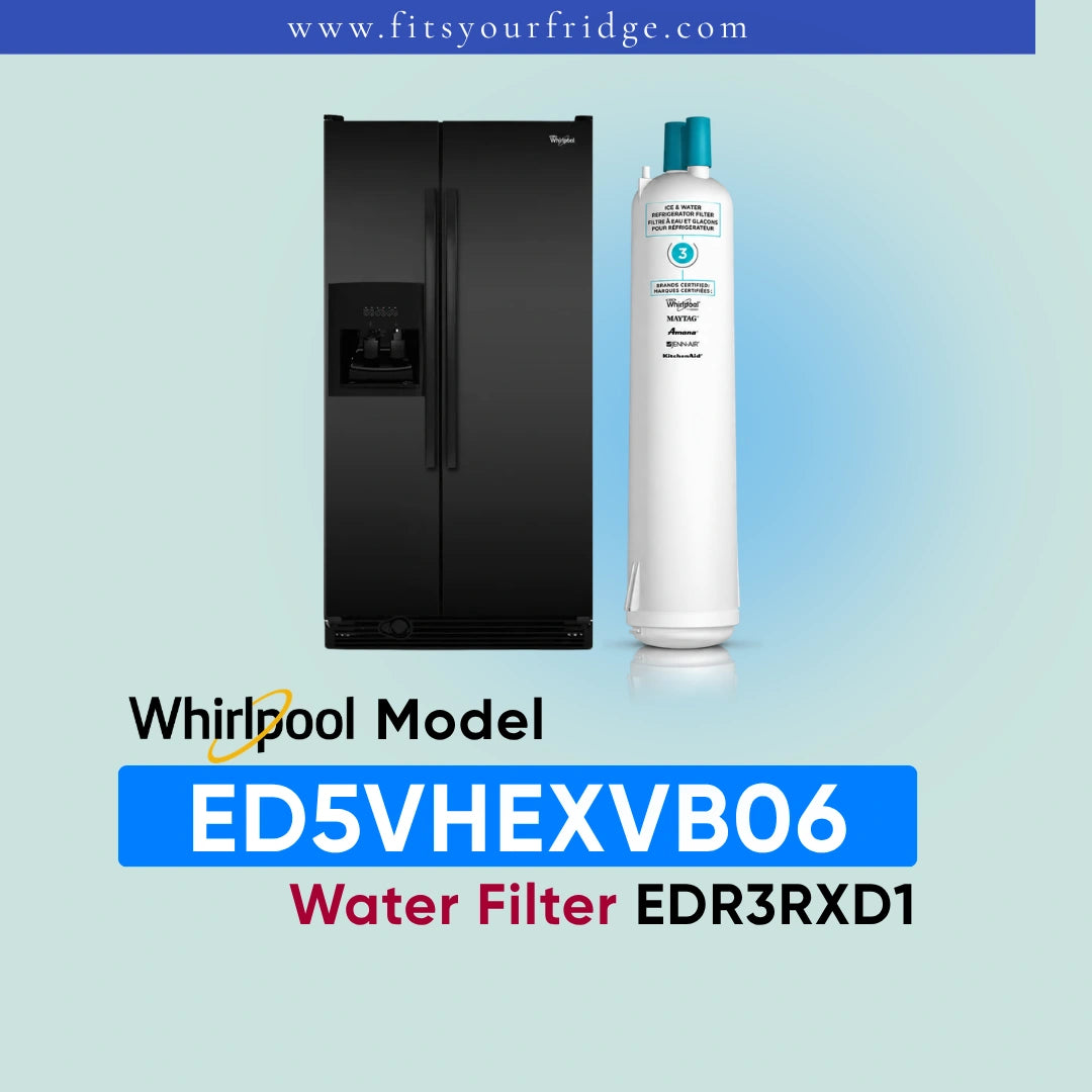 A refrigerator and a white cylindrical water filter canister are shown on a pale blue gradient background with text reading 'Whirlpool Model ED5VHEXVB06 Water Filter EDR3RXD1' and 'www.fitsyourfridge.