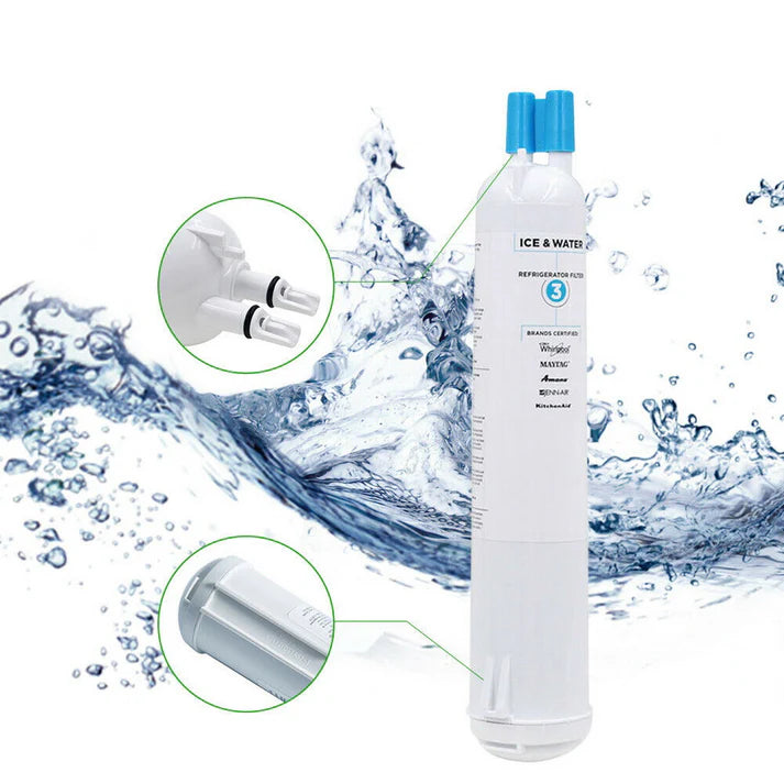 Water filter with water splashes and close-up insets on a white background