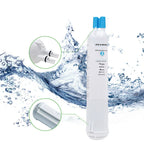 Water filter with water splashes and close-up insets on a white background