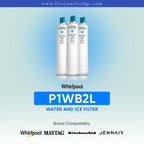 Three white Whirlpool P1WB2L water and ice filter bottles with teal caps, shown on a light blue gradient background with the Whirlpool logo and compatibility text for Maytag, KitchenAid, and Jennair.