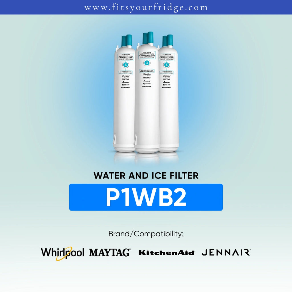 Three white refrigerator water and ice filter canisters with teal caps are shown on a light blue gradient background. Text reads 'WATER AND ICE FILTER P1WB2' and lists compatible brands: Whirlpool, MAYTAG, KitchenAid, and Jennair.