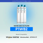Three white refrigerator water and ice filter canisters with teal caps are shown on a light blue gradient background. Text reads 'WATER AND ICE FILTER P1WB2' and lists compatible brands: Whirlpool, MAYTAG, KitchenAid, and Jennair.