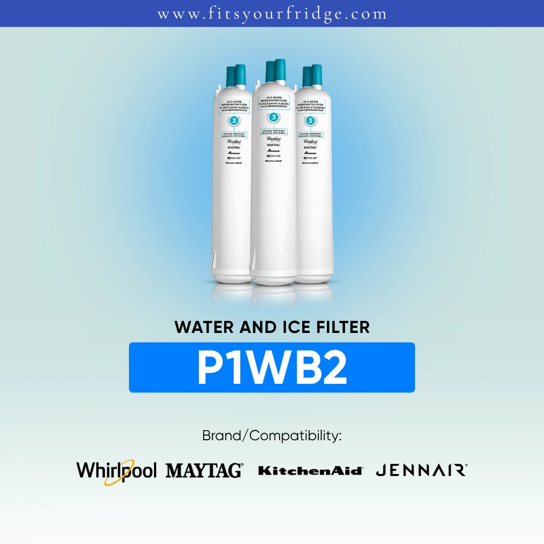 Three white refrigerator water and ice filter canisters with teal caps are shown on a light blue gradient background. Text reads 'WATER AND ICE FILTER P1WB2' and lists compatible brands: Whirlpool, MAYTAG, KitchenAid, and Jennair.