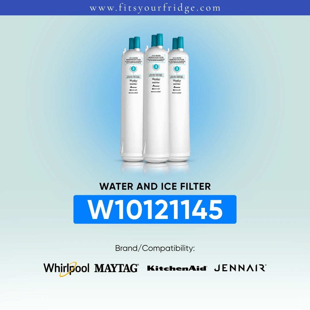 Three white refrigerator water and ice filter canisters with teal caps are shown on a light blue gradient background. Text reads 'WATER AND ICE FILTER' and 'W10121145', with Whirlpool, MAYTAG, KitchenAid, and Jennair logos below.