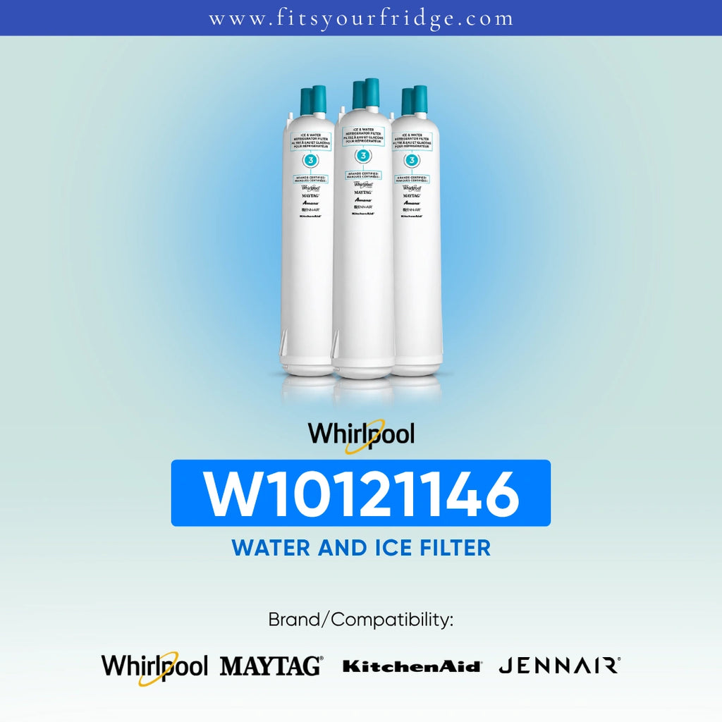 Three white Whirlpool W10121146 water and ice filter bottles with teal caps, shown on a light blue gradient background with the Whirlpool logo and compatibility text for Maytag, KitchenAid, and Jennair.