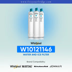 Three white Whirlpool W10121146 water and ice filter bottles with teal caps, shown on a light blue gradient background with the Whirlpool logo and compatibility text for Maytag, KitchenAid, and Jennair.